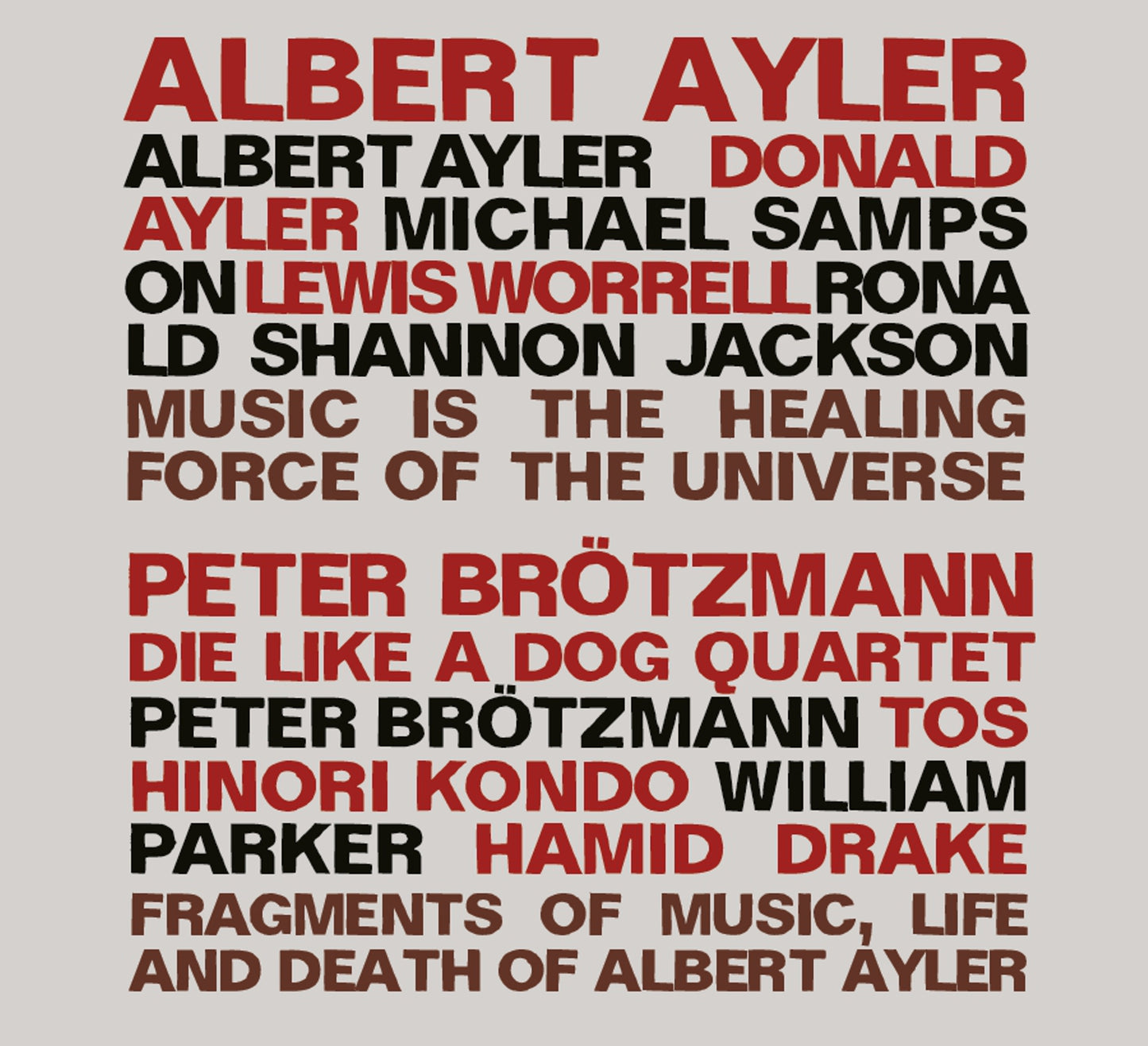 AYLER QUINTET – MUSIC IS THE HEALING FORCE OF THE UNIVERSE
PETER BRÖTZMANN DIE LIKE A DOG QUARTET – FRAGMENTS OF MUSIC, LIFE AND DEATH OF ALBERT AYLER